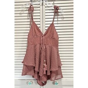 SHEIN Mauve Chiffon Romper Sheer Tie Straps Beads Lined‎ Size Medium Back Zip